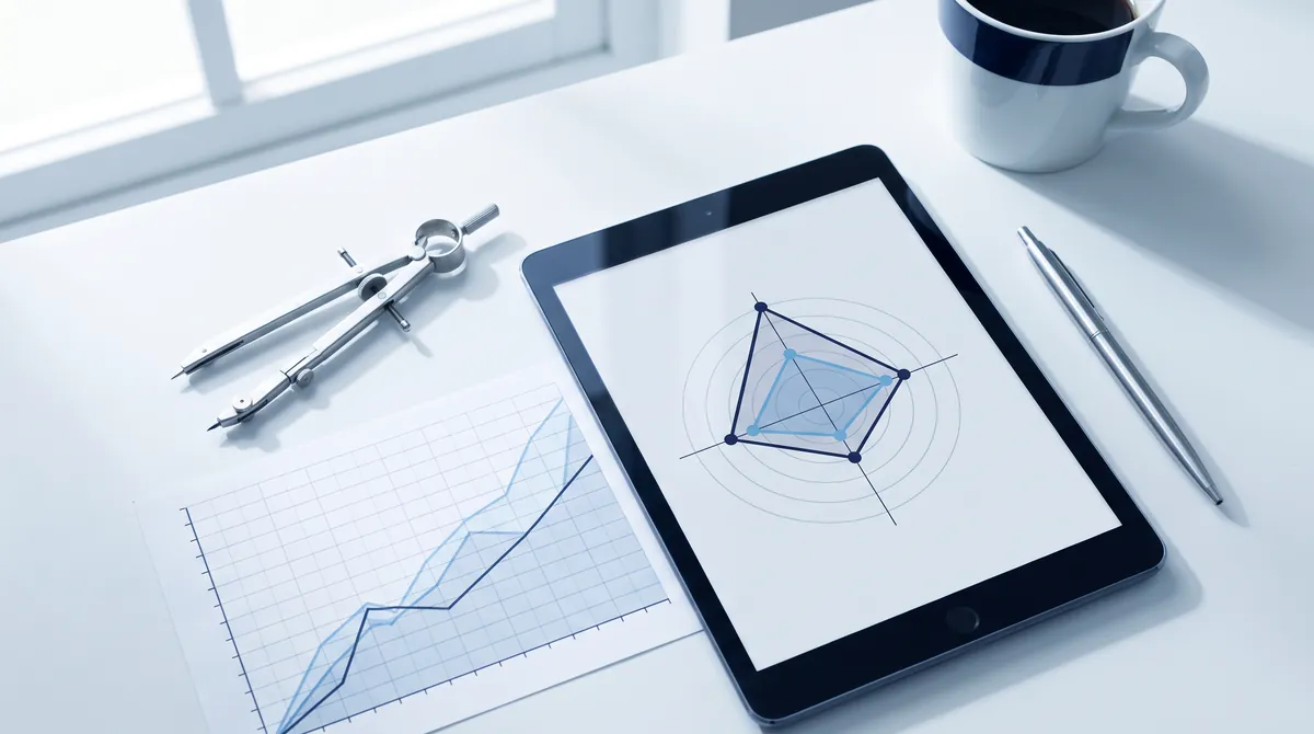 Escritorio con brújula y radar en una tablet: dirección antes de ejecutar