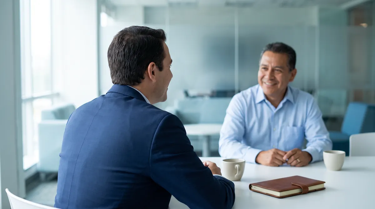 Dueño de empresa y consultor conversando sobre el plan de trabajo