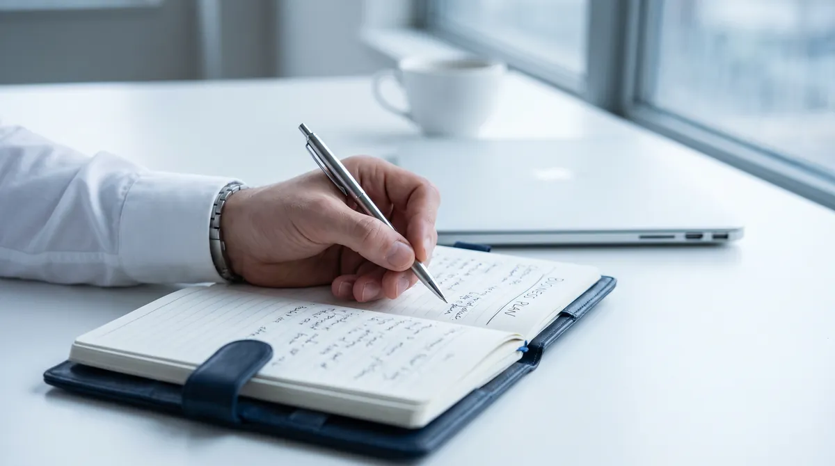 Mano escribiendo un plan de trabajo con responsables y fechas