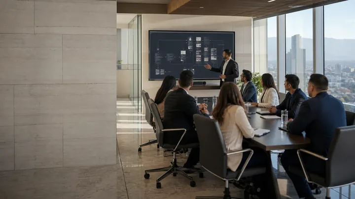 Sesión de trabajo con un equipo directivo revisando el plan