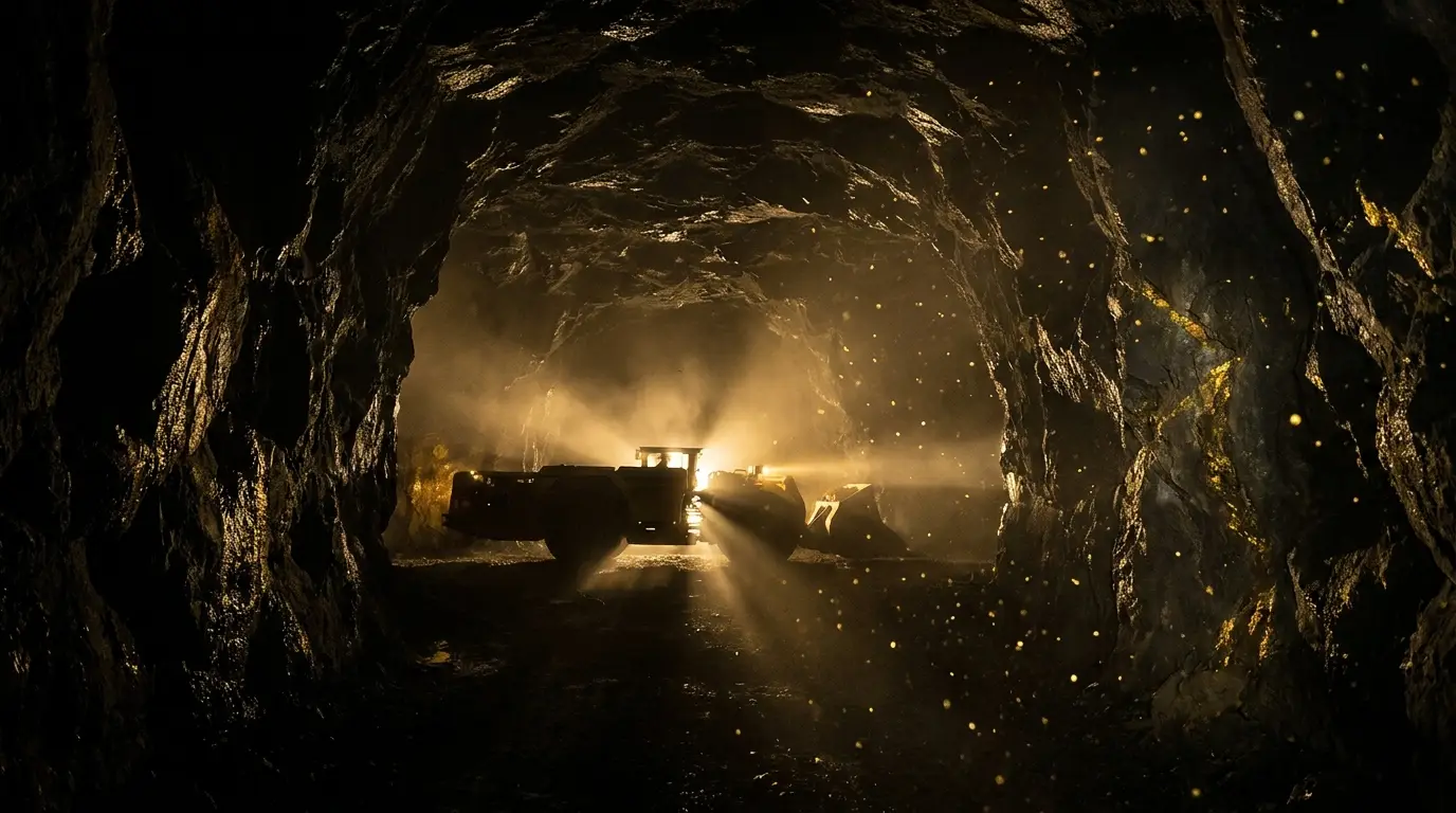 Túnel de mina subterránea iluminado con maquinaria de acarreo