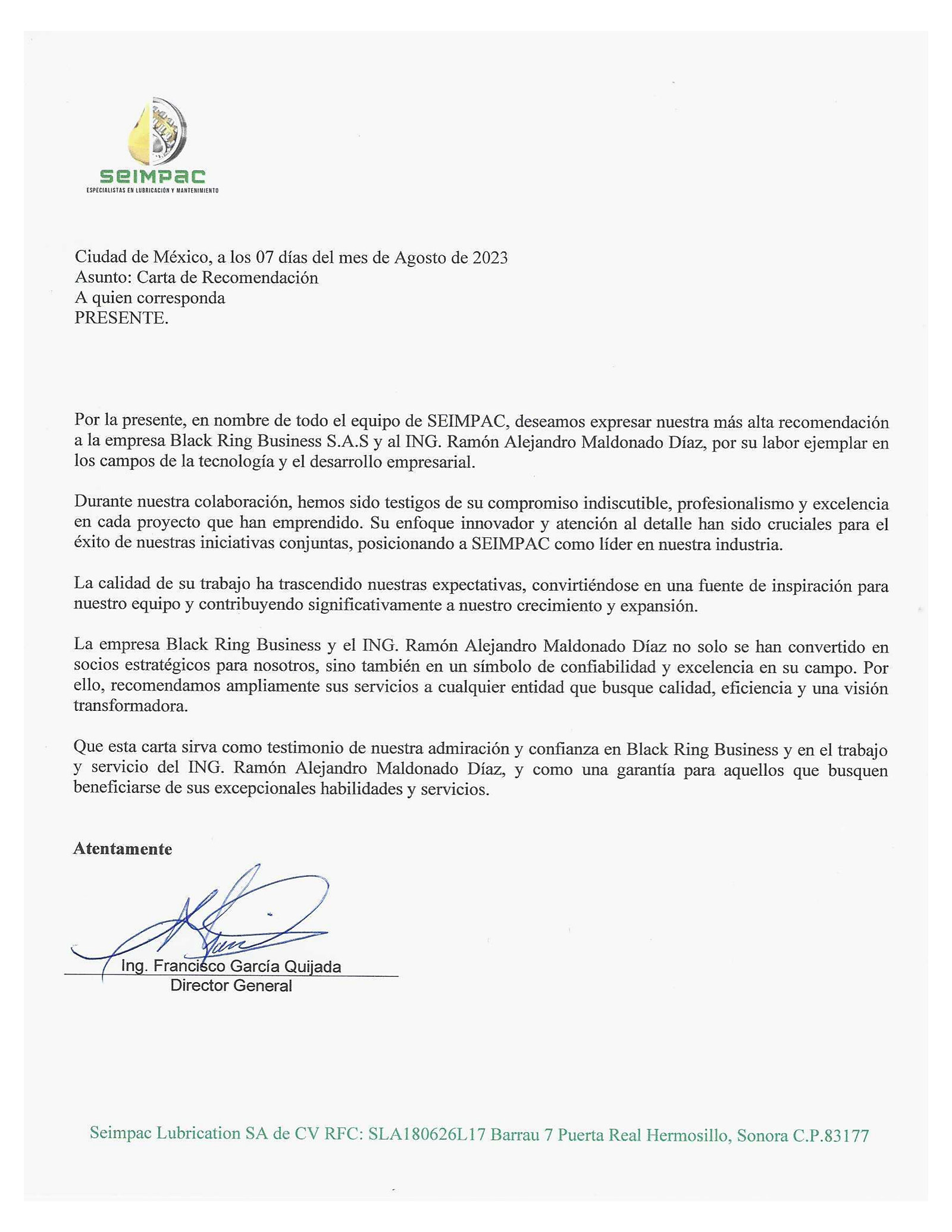 Carta de recomendación de SEIMPAC para Black Ring Business, firmada por Ing. Francisco García Quijada