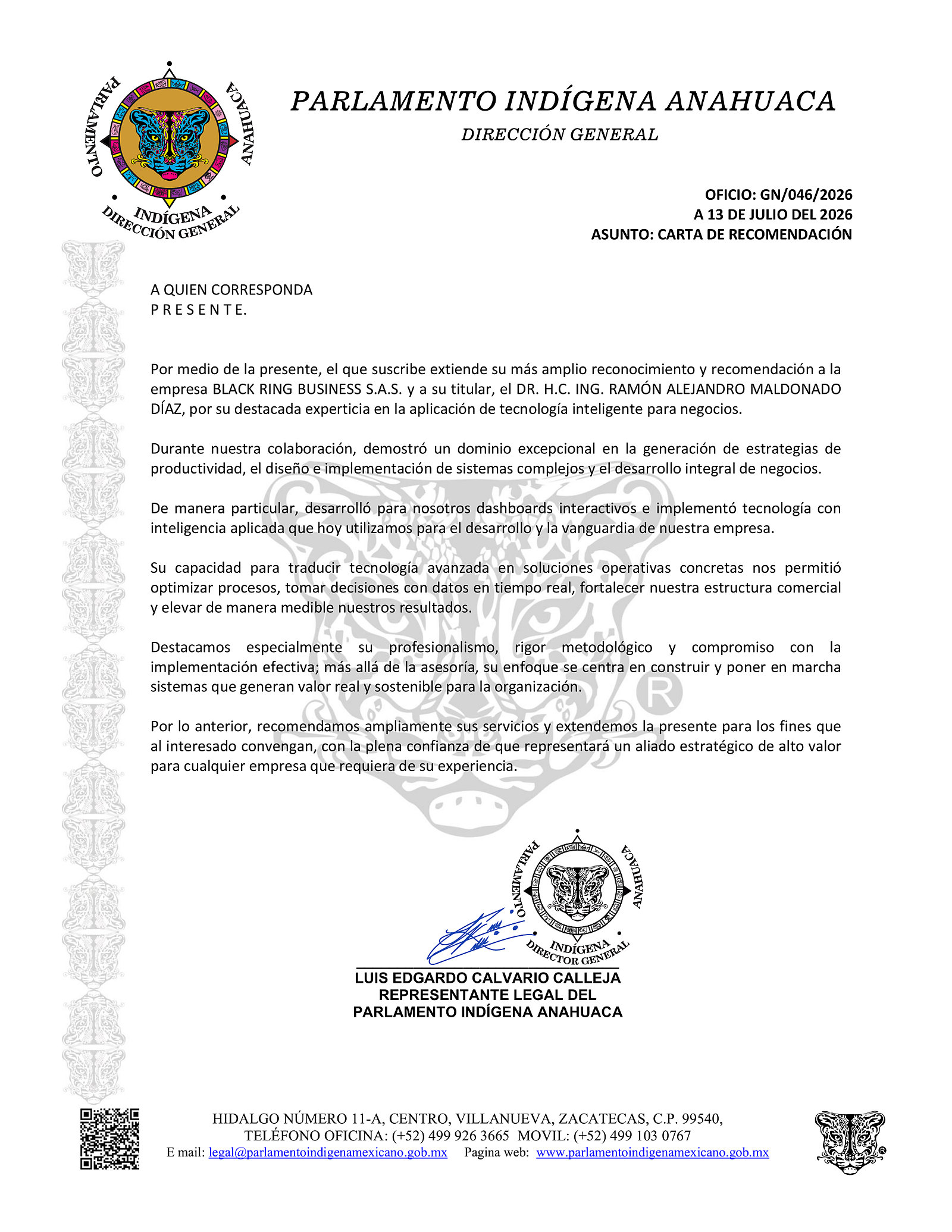 Carta de recomendación de Parlamento Indígena Anahuaca para Black Ring Business, firmada por Luis Edgardo Calvario Calleja