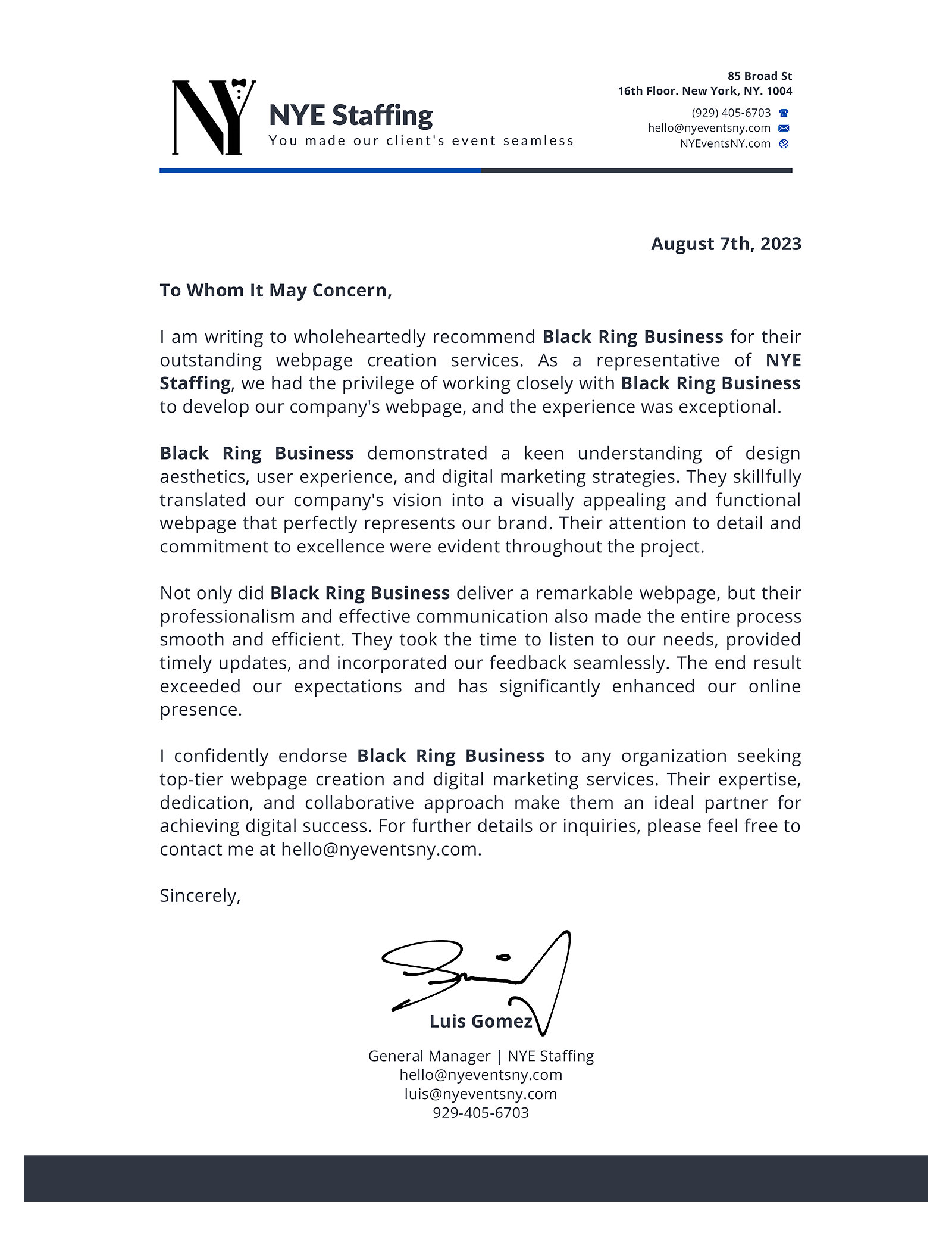 Carta de recomendación de NYE Staffing para Black Ring Business, firmada por Luis Gómez