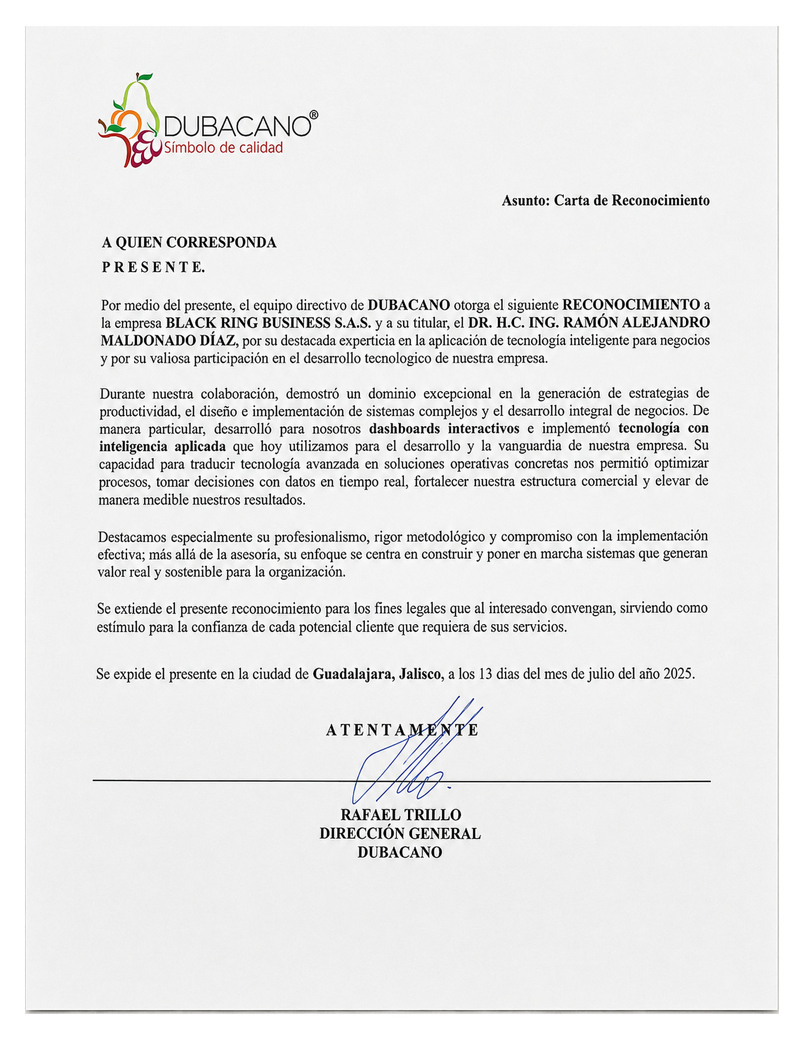 Carta de recomendación de Dubacano para Black Ring Business, firmada por Rafael Trillo
