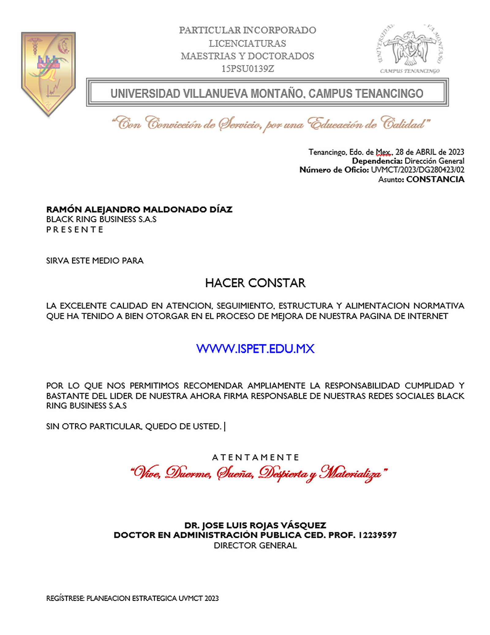 Carta de recomendación de Universidad Villanueva Montaño para Black Ring Business, firmada por Dr. José Luis Rojas Vásquez