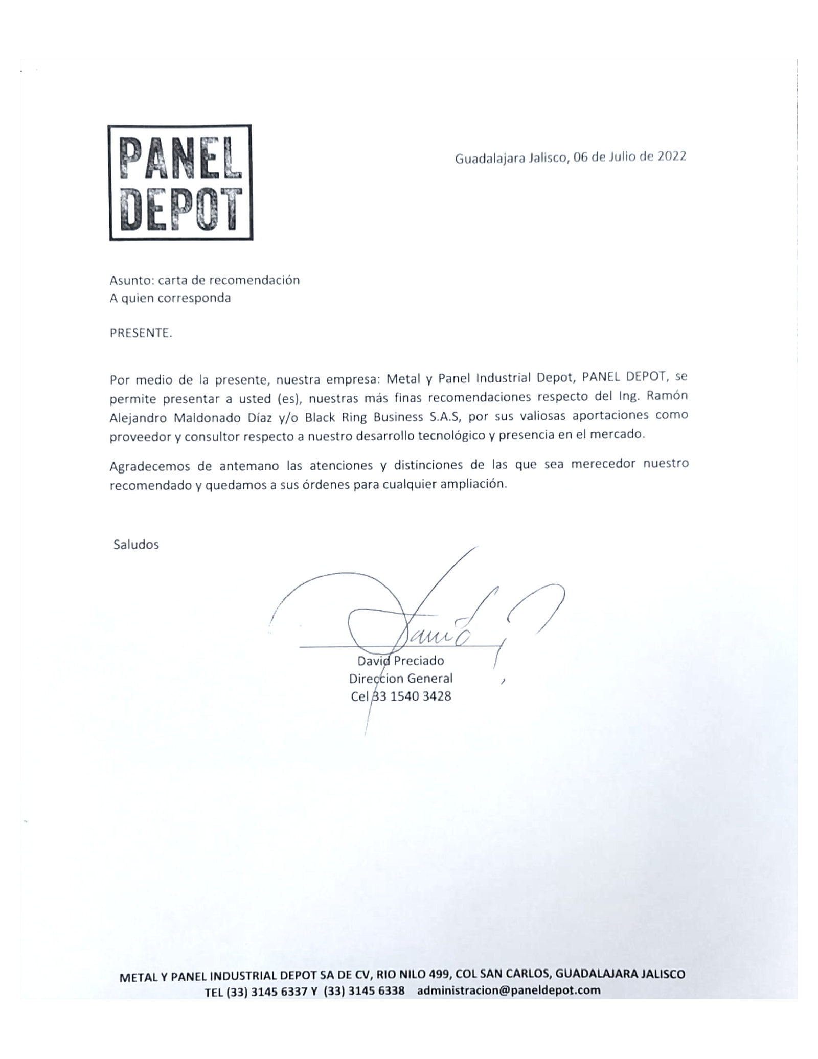 Carta de recomendación de Panel Depot para Black Ring Business, firmada por David Preciado