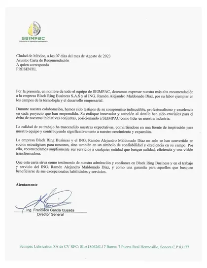 Carta de recomendación de SEIMPAC