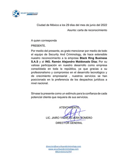 Carta de reconocimiento de Security and Criminology