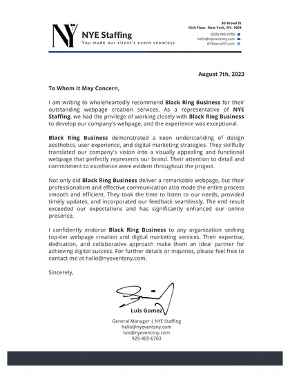 Letter of recommendation de NYE Staffing