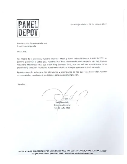Carta de recomendación de Panel Depot