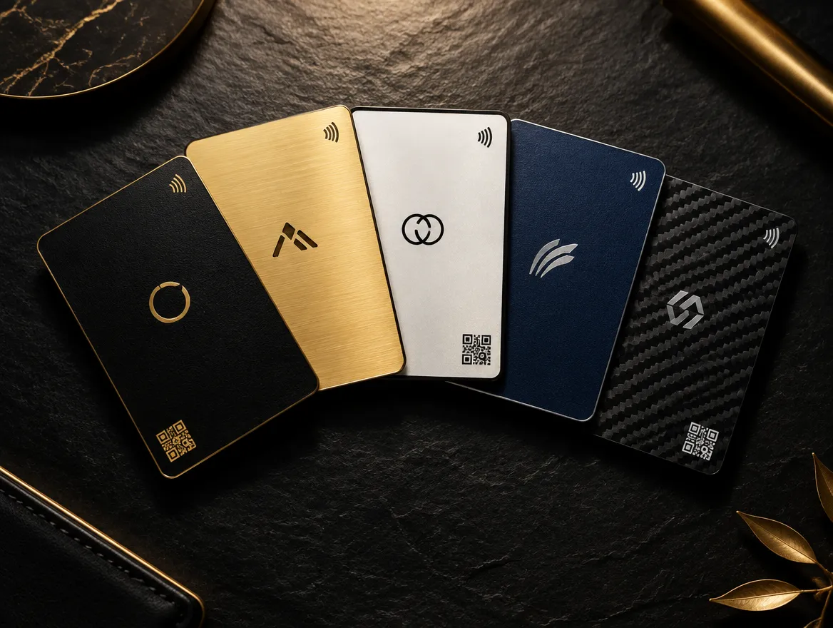 Cinco tarjetas NFC en acabados negro, dorado, blanco, azul marino y fibra de carbono