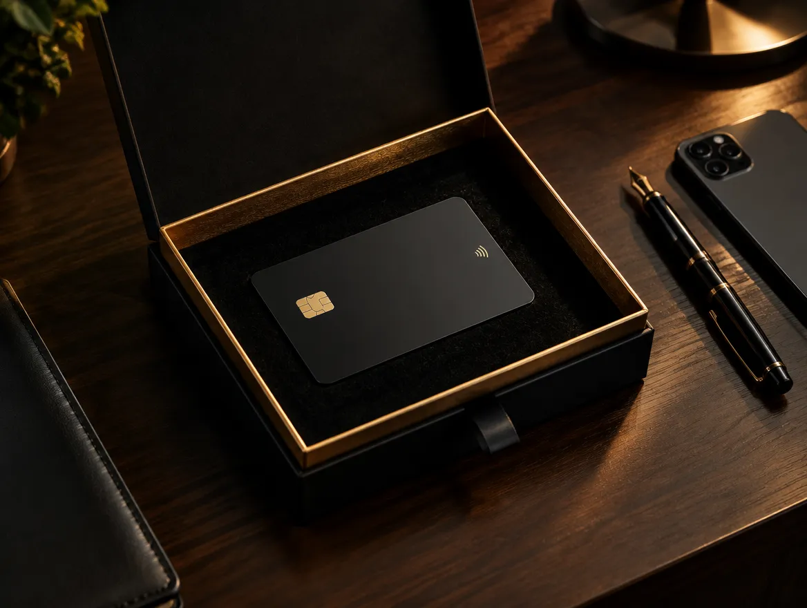 Caja negra de regalo abierta con una tarjeta NFC negra sobre terciopelo