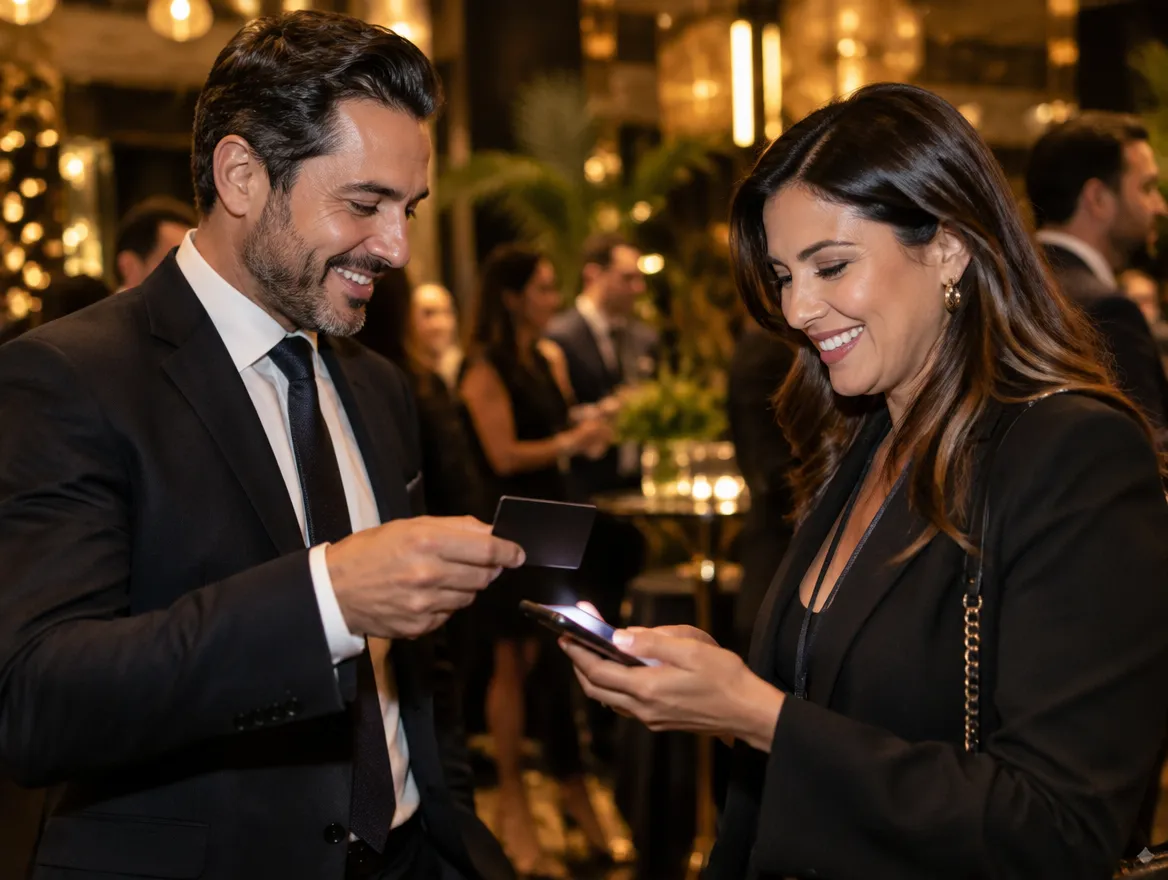 Dos profesionales en un evento de negocios compartiendo contacto al acercar una tarjeta NFC a un celular