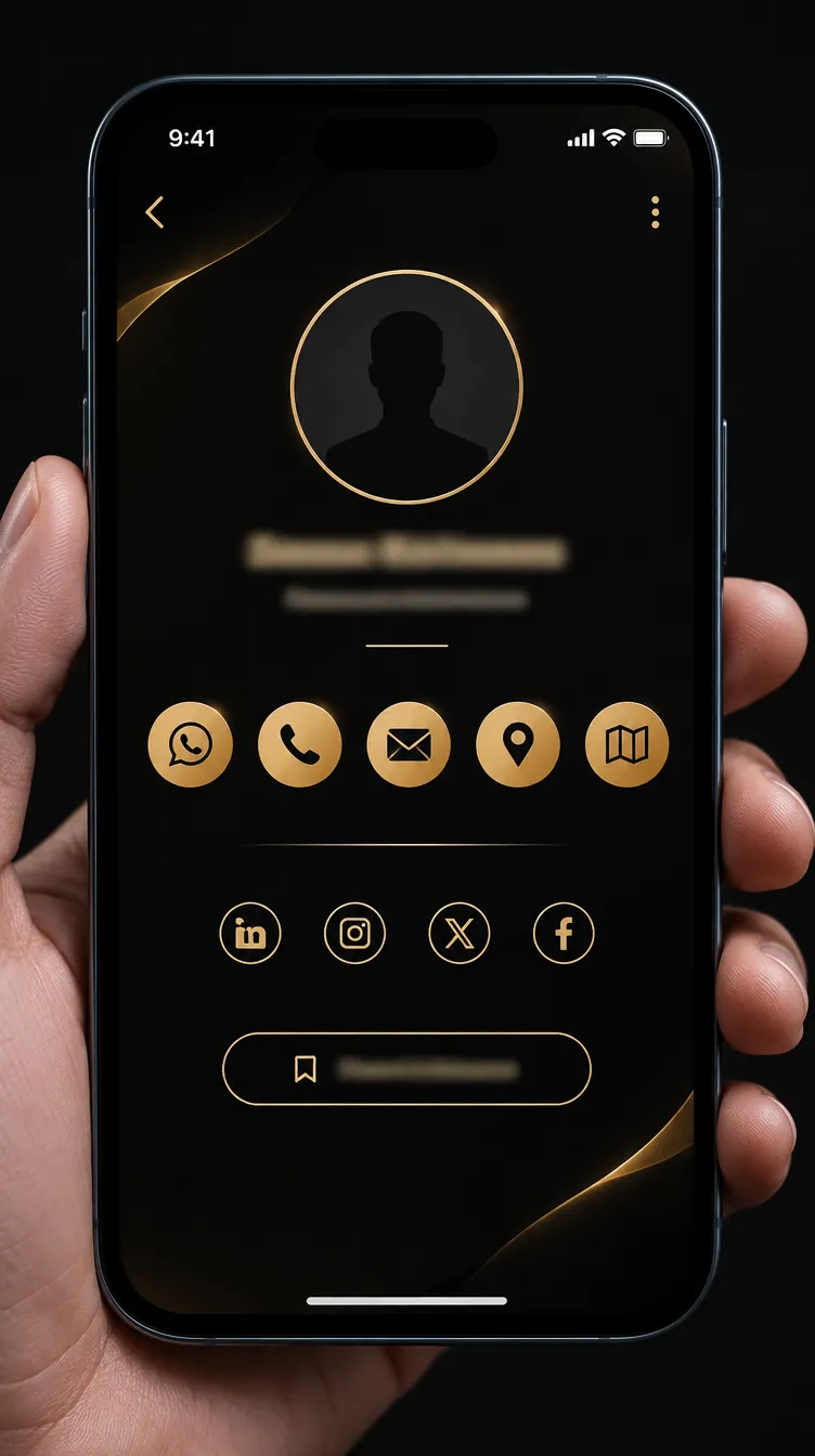 Celular mostrando un perfil digital oscuro con botones dorados de WhatsApp, llamada, correo y ubicación