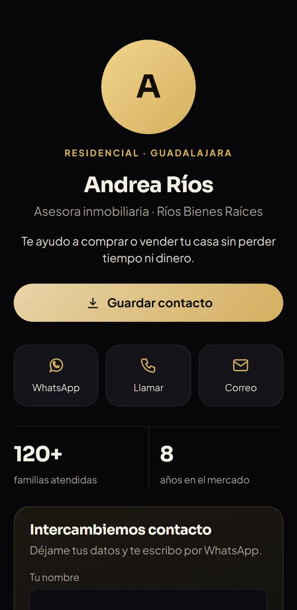Perfil digital en diseño Clásica: foto redonda, nombre centrado y botones grandes de contacto